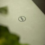Close-up shot of a silver laptop with the Dell logo. Blurred green leaves add aesthetic depth.